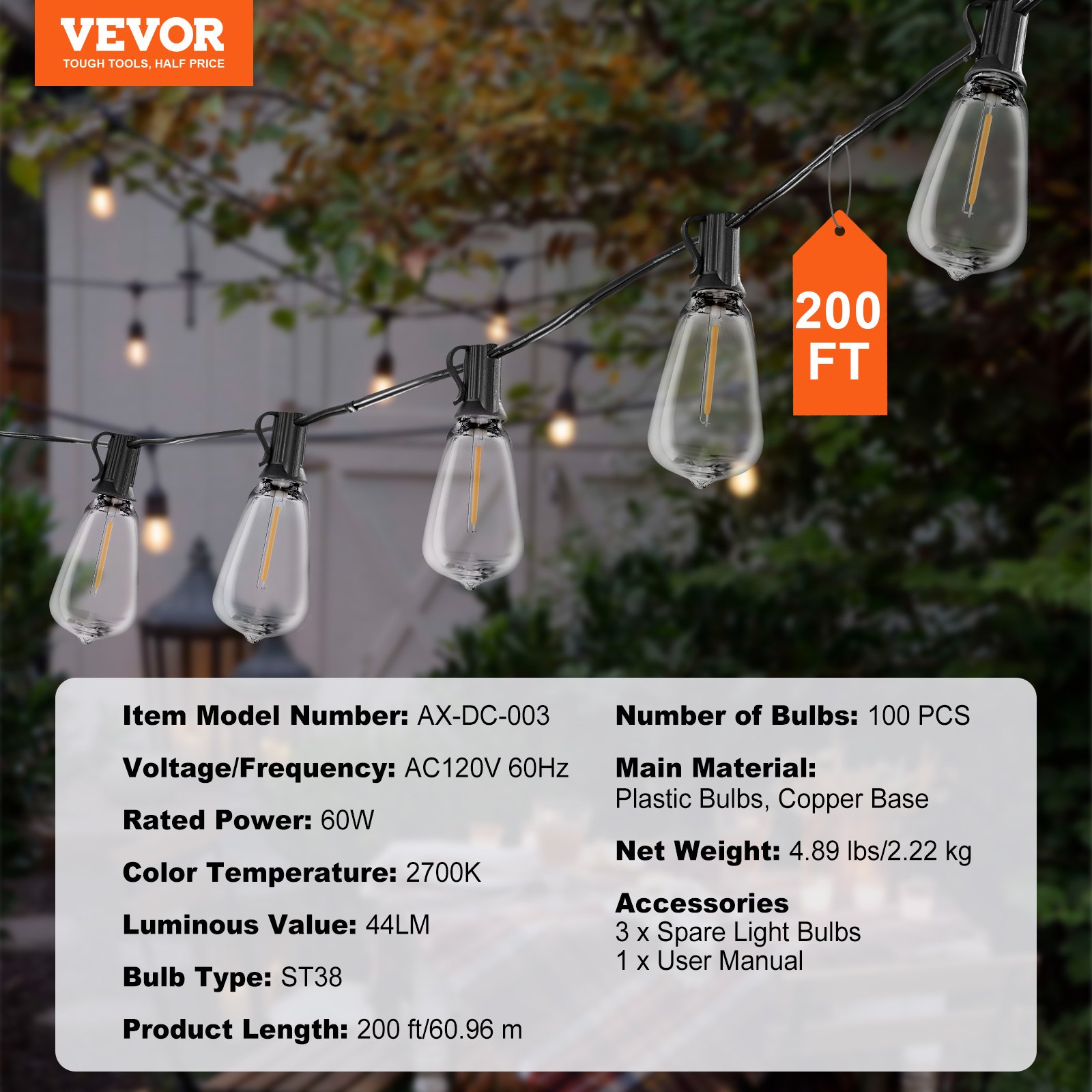 VEVOR - Guirnalda de luces LED para exteriores (61 m, 2700 K, regulable, con 100 bombillas ST38 irrompibles, casquillo E12), impermeable, para porche, patio, jardín, balcón, decoración de fiestas