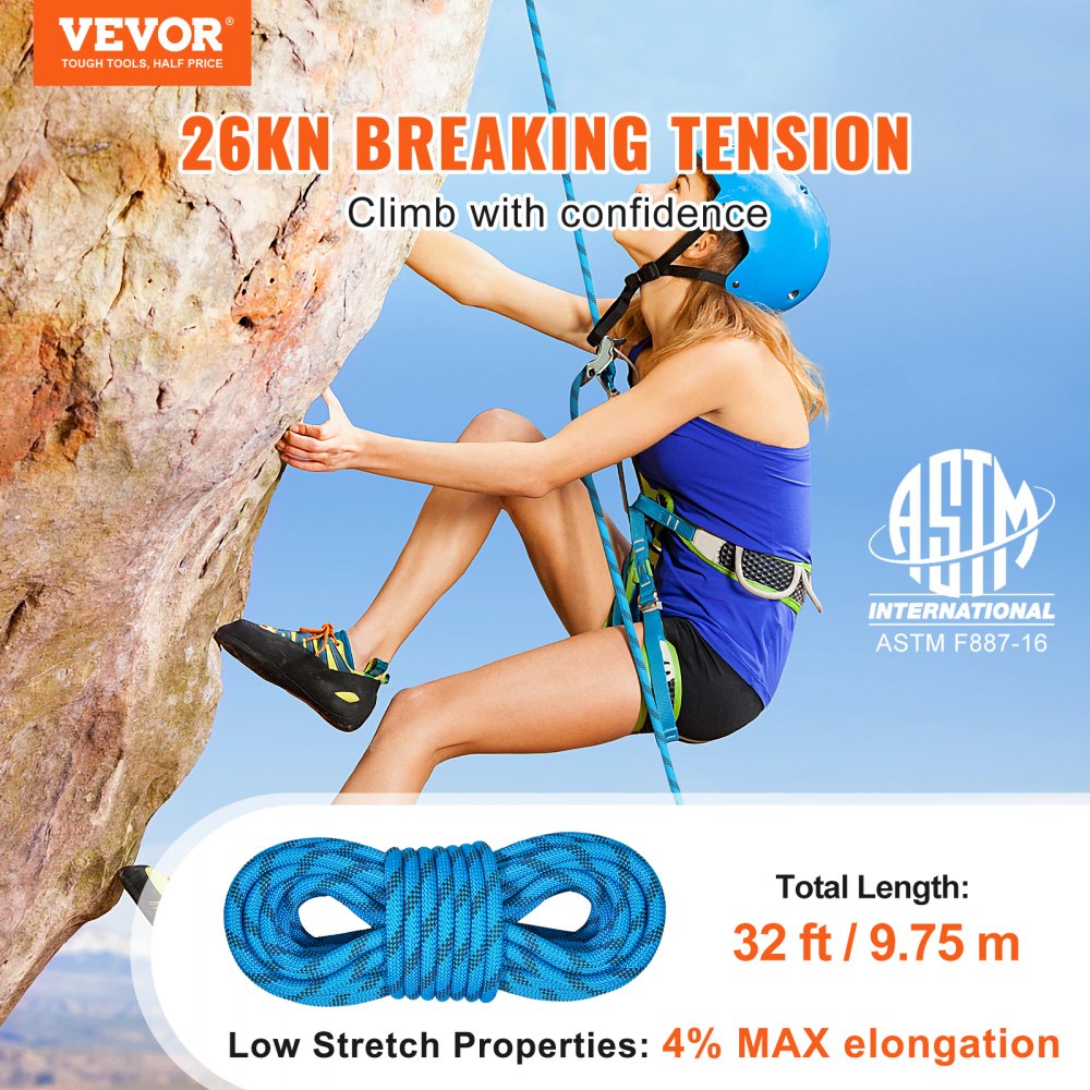 Mujer escalando en roca con cuerda de escalada VEVOR azul, destacando la tensión de rotura de 26 nudos y una longitud de 9,75 m.