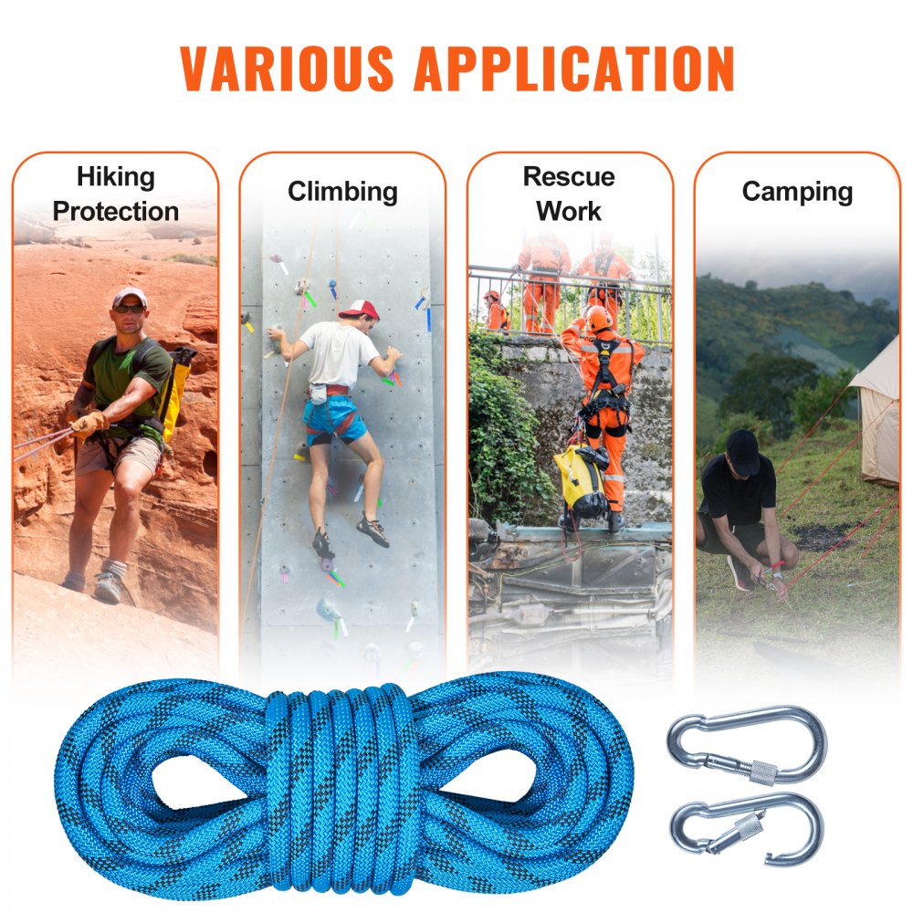 Cuerda de escalada VEVOR para protección en senderismo, escalada, trabajos de rescate y acampada con mosquetones.