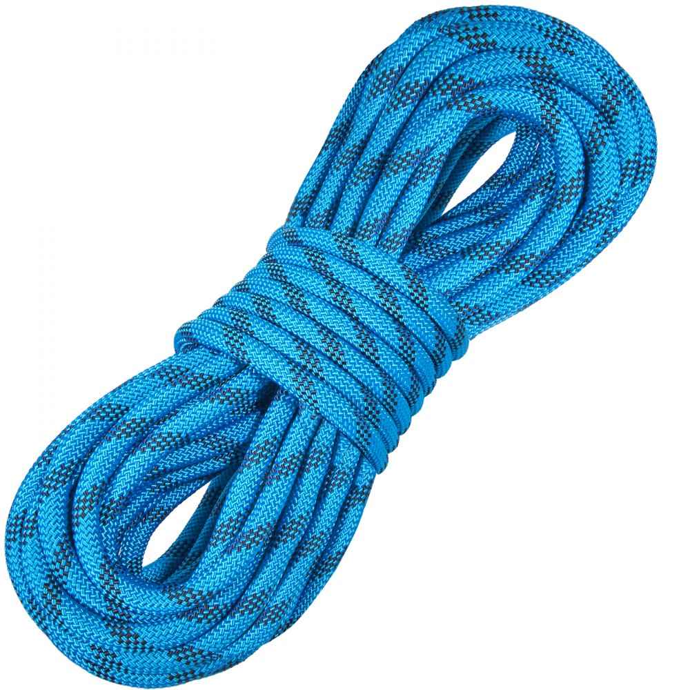 Cuerda de escalada VEVOR azul enrollada con detalles en negro, que muestra una construcción trenzada duradera.