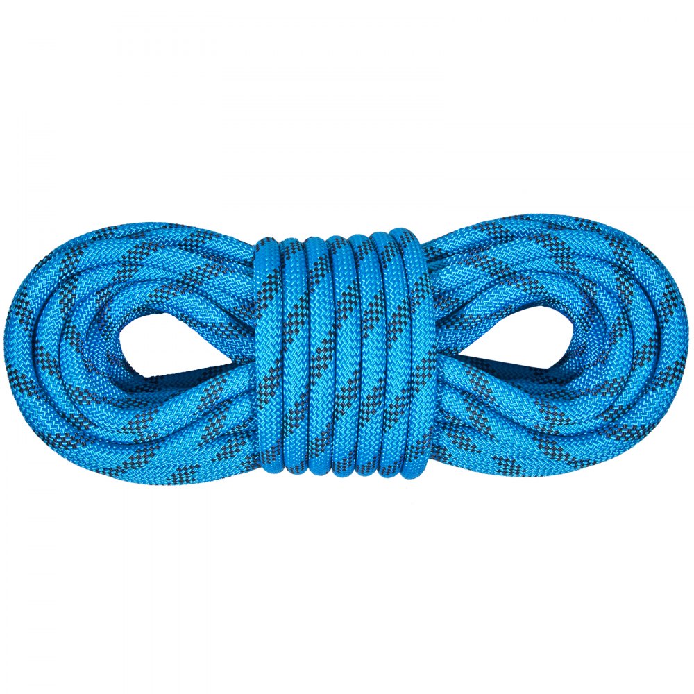 Cuerda de escalada VEVOR azul, enrollada firmemente, con detalles de patrón negro.