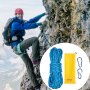 Alpinista escalando una pared rocosa usando una cuerda de escalada VEVOR; cuerda, bolsa y mosquetones mostrados en el recuadro.