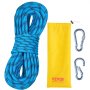 Cuerda de escalada VEVOR en color azul con bolsa amarilla y dos mosquetones plateados.