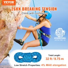 VEVOR Cuerda de escalada estática, cuerda de escalada en roca para exteriores de 32 pies con tensión de rotura de 26 KN, cuerda de seguridad de alta resistencia de 0,4 ''/10 mm, cuerda de escape con 2 mosquetones y bolsa de almacenamiento