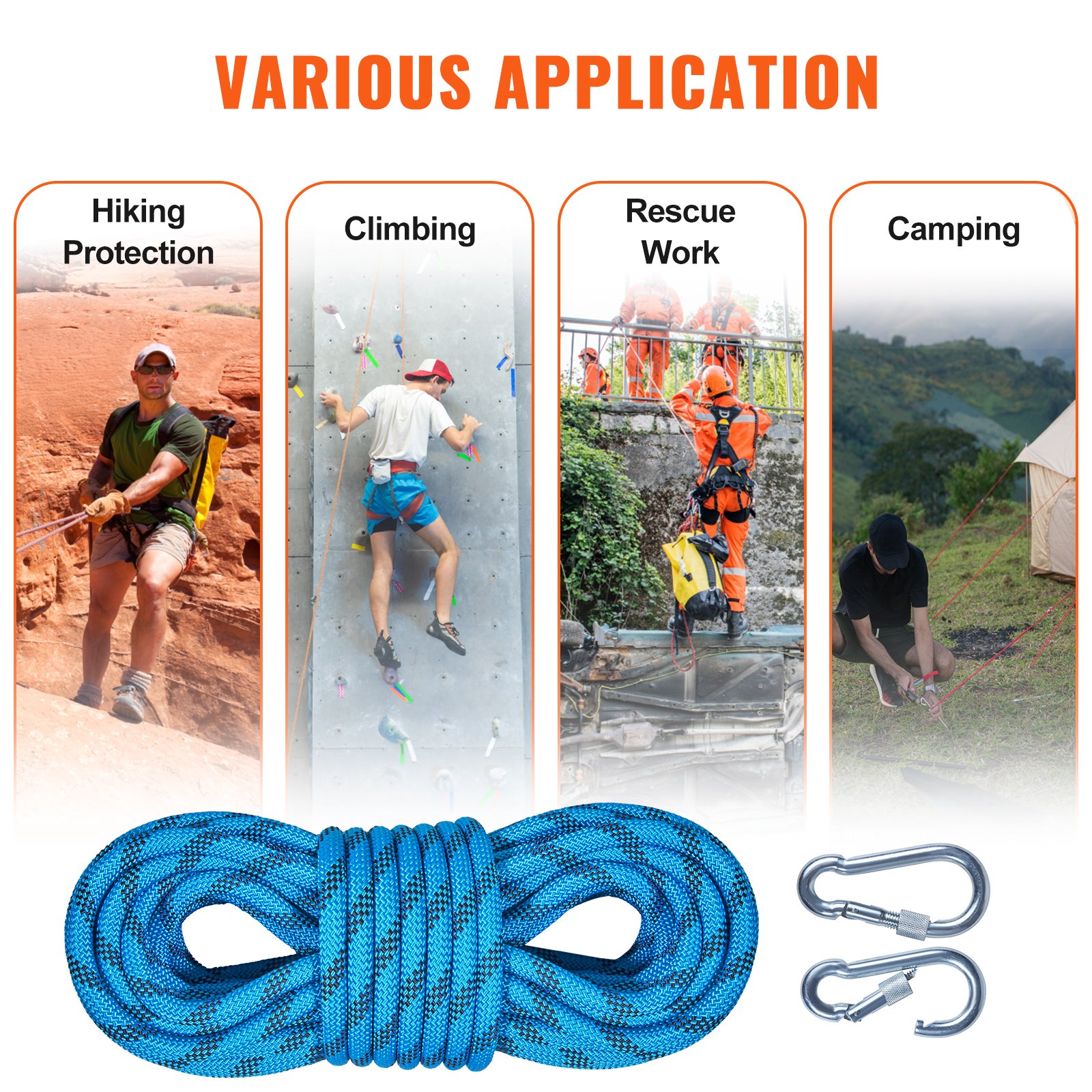 Cuerda de escalada VEVOR para protección en senderismo, escalada, trabajos de rescate y acampada con mosquetones.