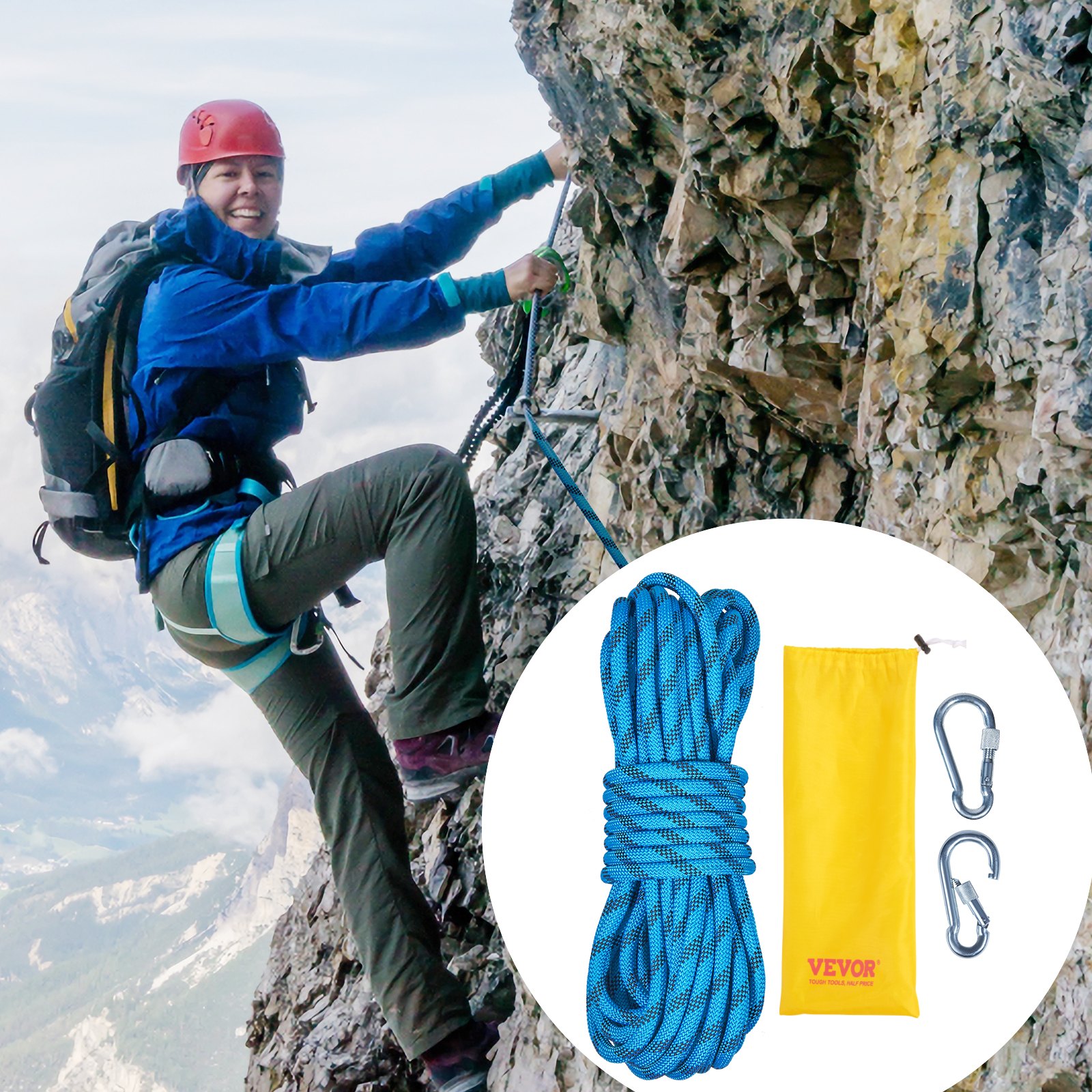 Alpinista escalando una pared rocosa usando una cuerda de escalada VEVOR; cuerda, bolsa y mosquetones mostrados en el recuadro.