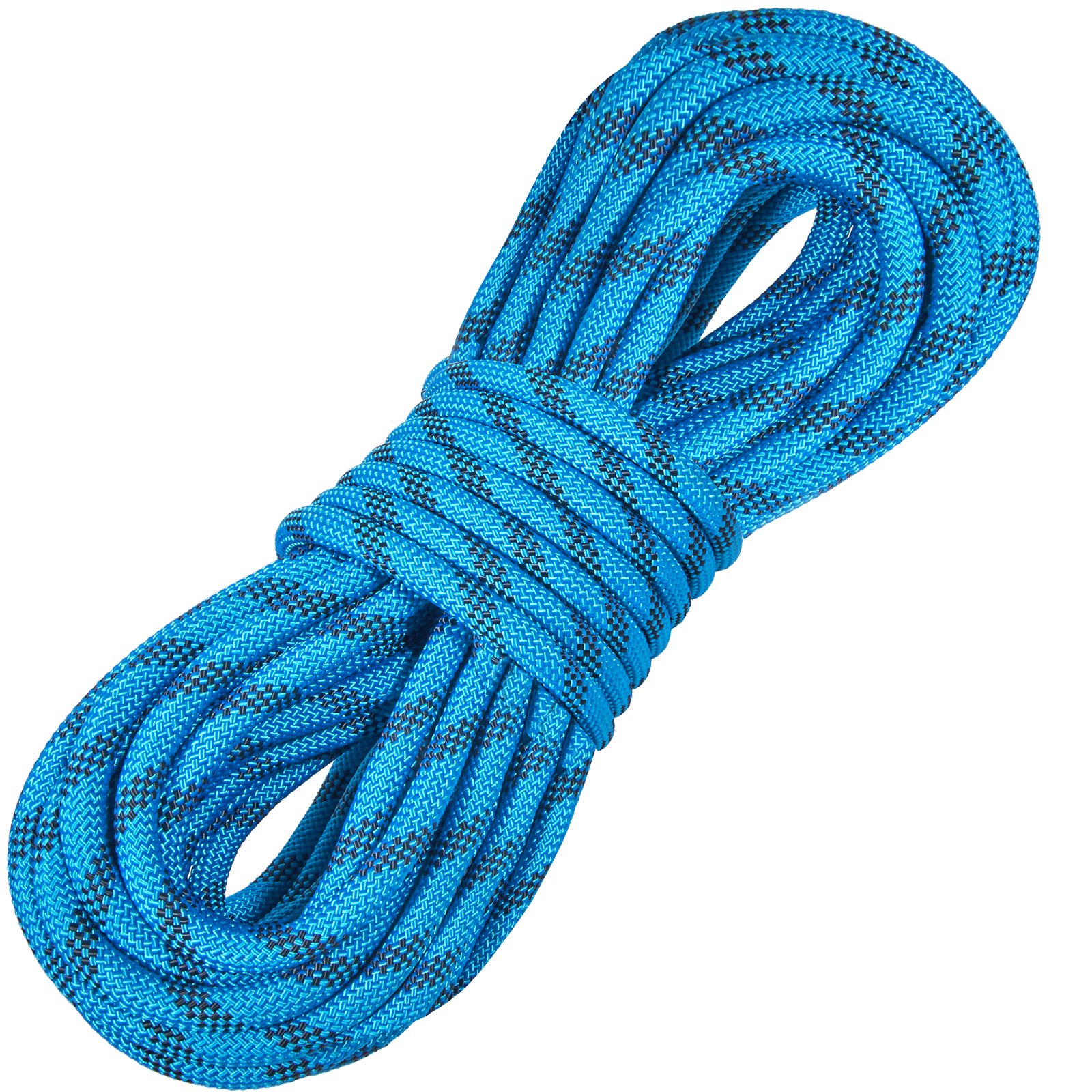 Cuerda de escalada VEVOR azul enrollada con detalles en negro, que muestra una construcción trenzada duradera.