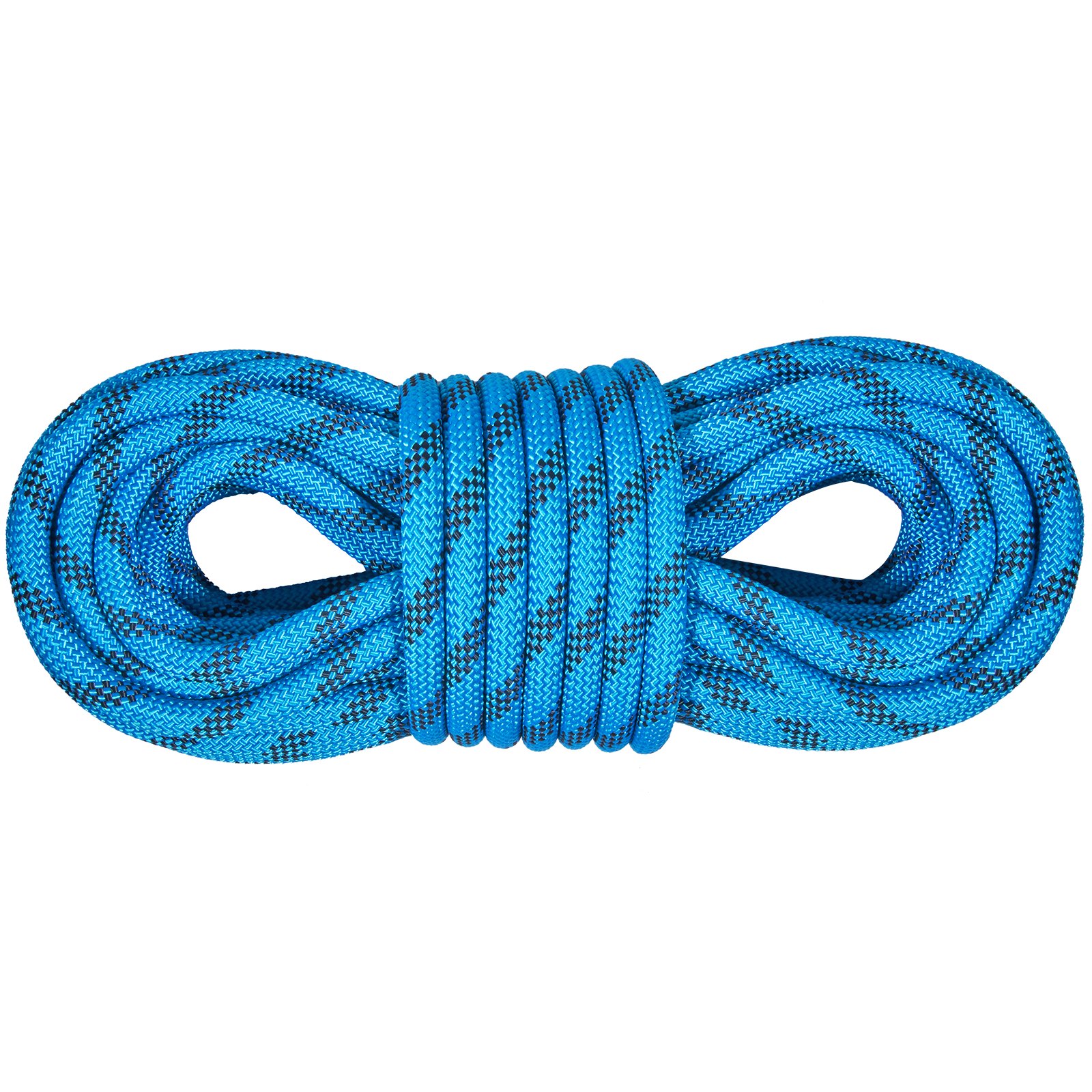 Cuerda de escalada VEVOR azul, enrollada firmemente, con detalles de patrón negro.