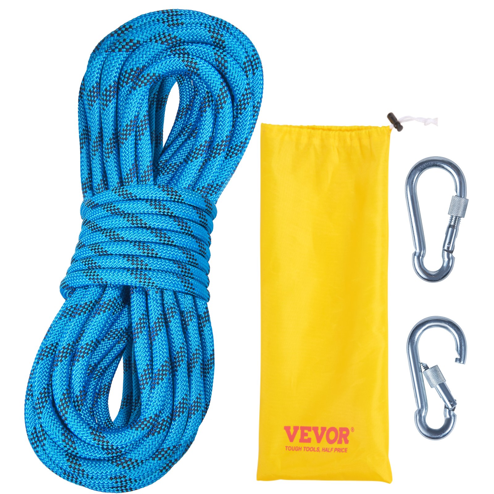 Cuerda de escalada VEVOR en color azul con bolsa amarilla y dos mosquetones plateados.
