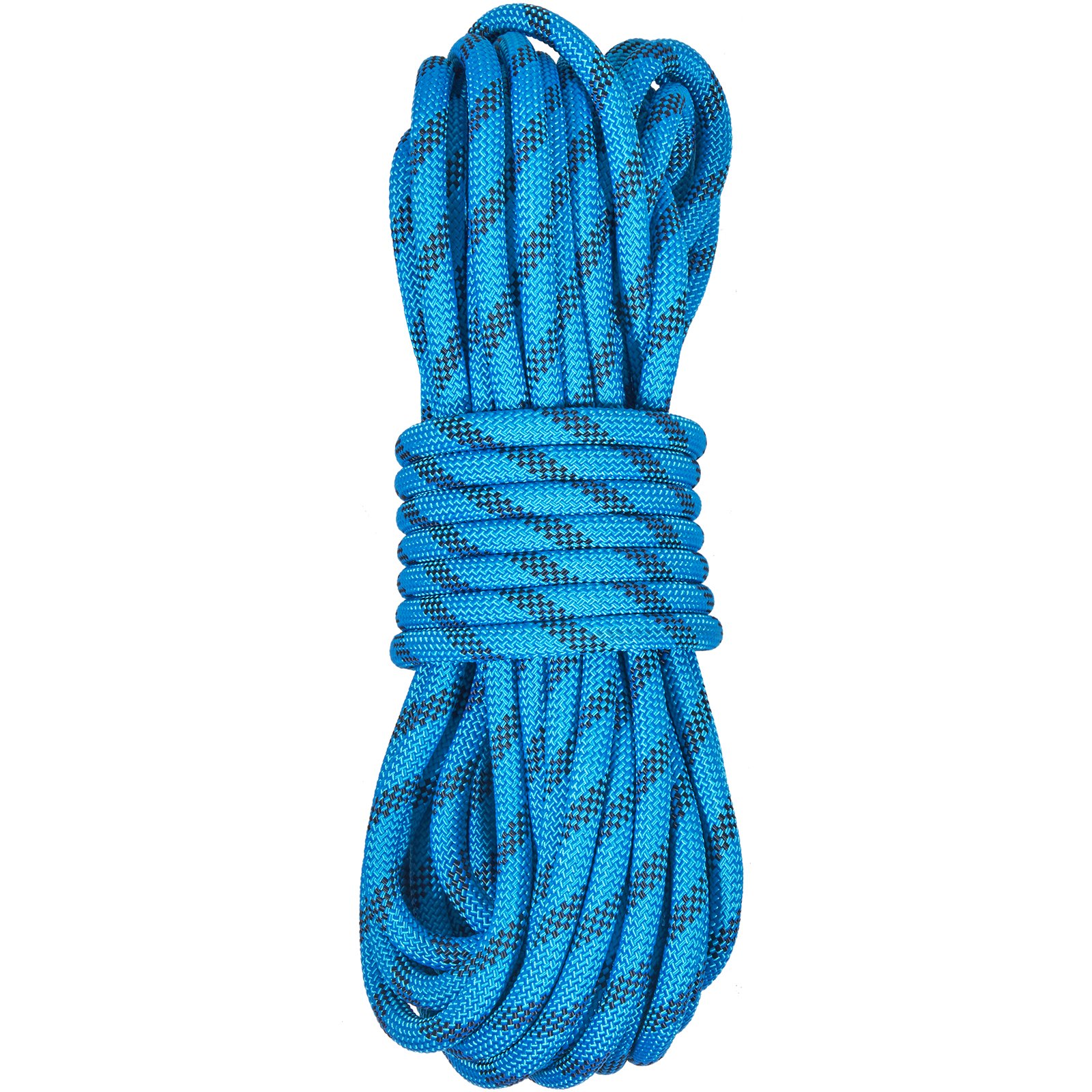 Cuerda de escalada VEVOR azul con patrones negros enrollada firmemente para aventuras al aire libre.