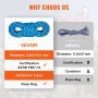Tabla comparativa de cuerdas de escalada VEVOR con cuerda azul, diámetro, certificación, mosquetón y bolsa de cuerda.