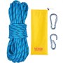 Juego de cuerda de escalada VEVOR con cuerda azul, bolsa de transporte amarilla y dos mosquetones plateados.