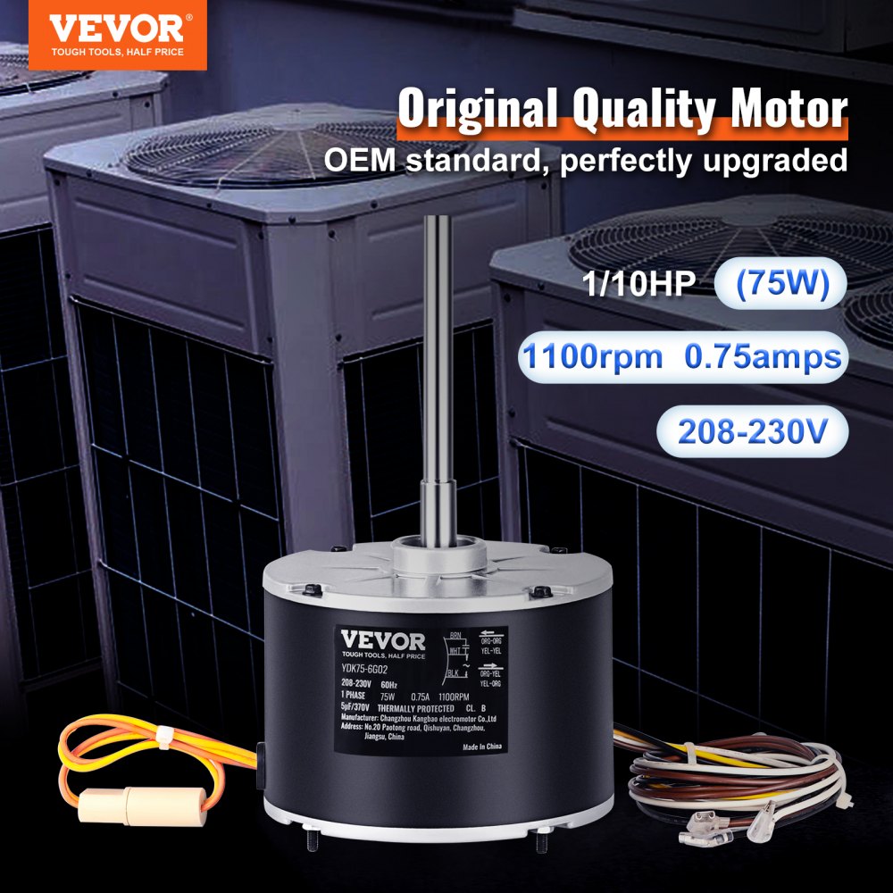 Motor de ventilador de condensador VEVOR 5KCP39BGS069S, 5KCP39BGY915S, 1/10 HP 208-230V, 1100RPM, motor de condensador de repuesto estándar OEM actualizado giratorio reversible, a prueba de explosiones CBB65 5μF/370V condensador