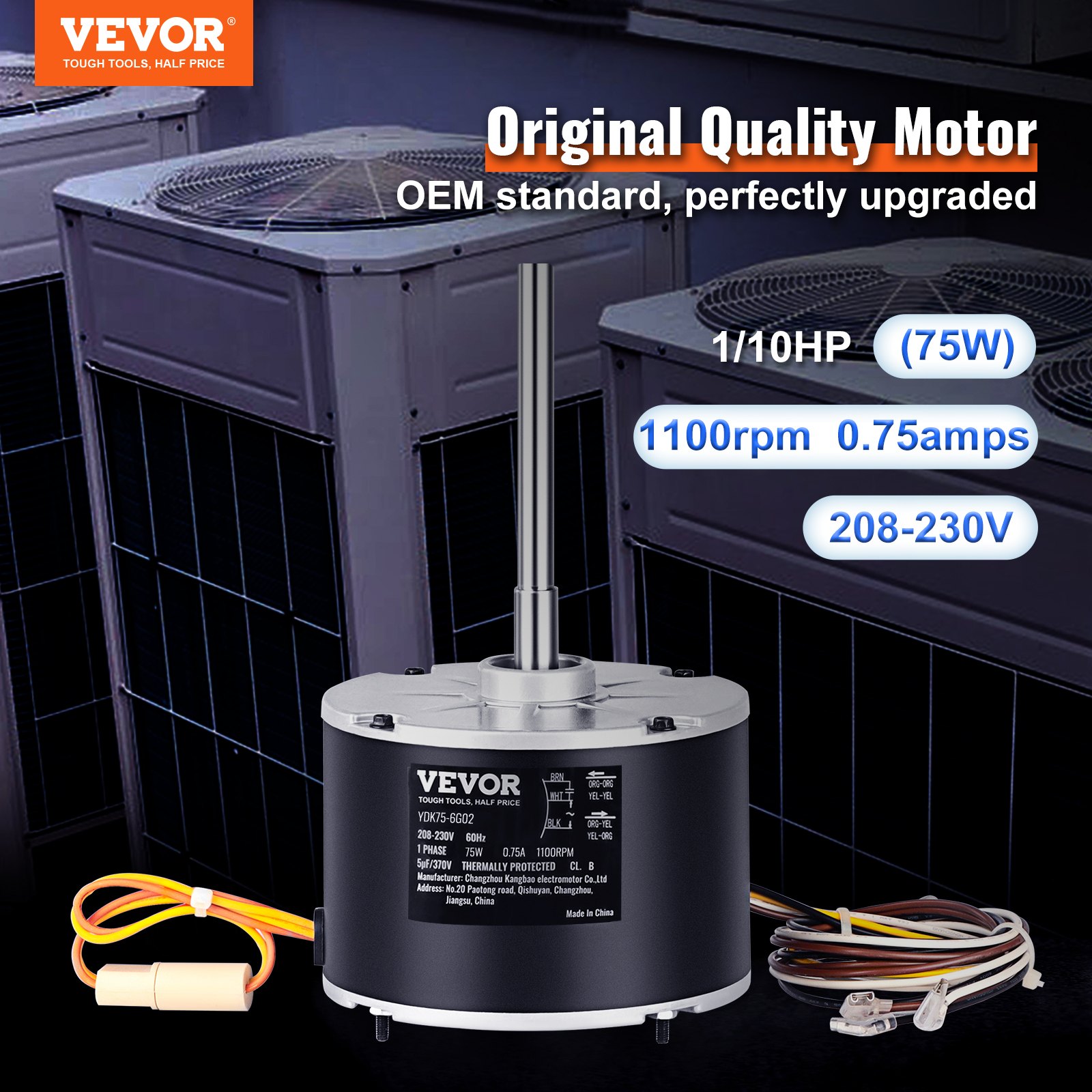 Motor de ventilador de condensador VEVOR 5KCP39BGS069S, 5KCP39BGY915S, 1/10 HP 208-230V, 1100RPM, motor de condensador de repuesto estándar OEM actualizado giratorio reversible, a prueba de explosiones CBB65 5μF/370V condensador