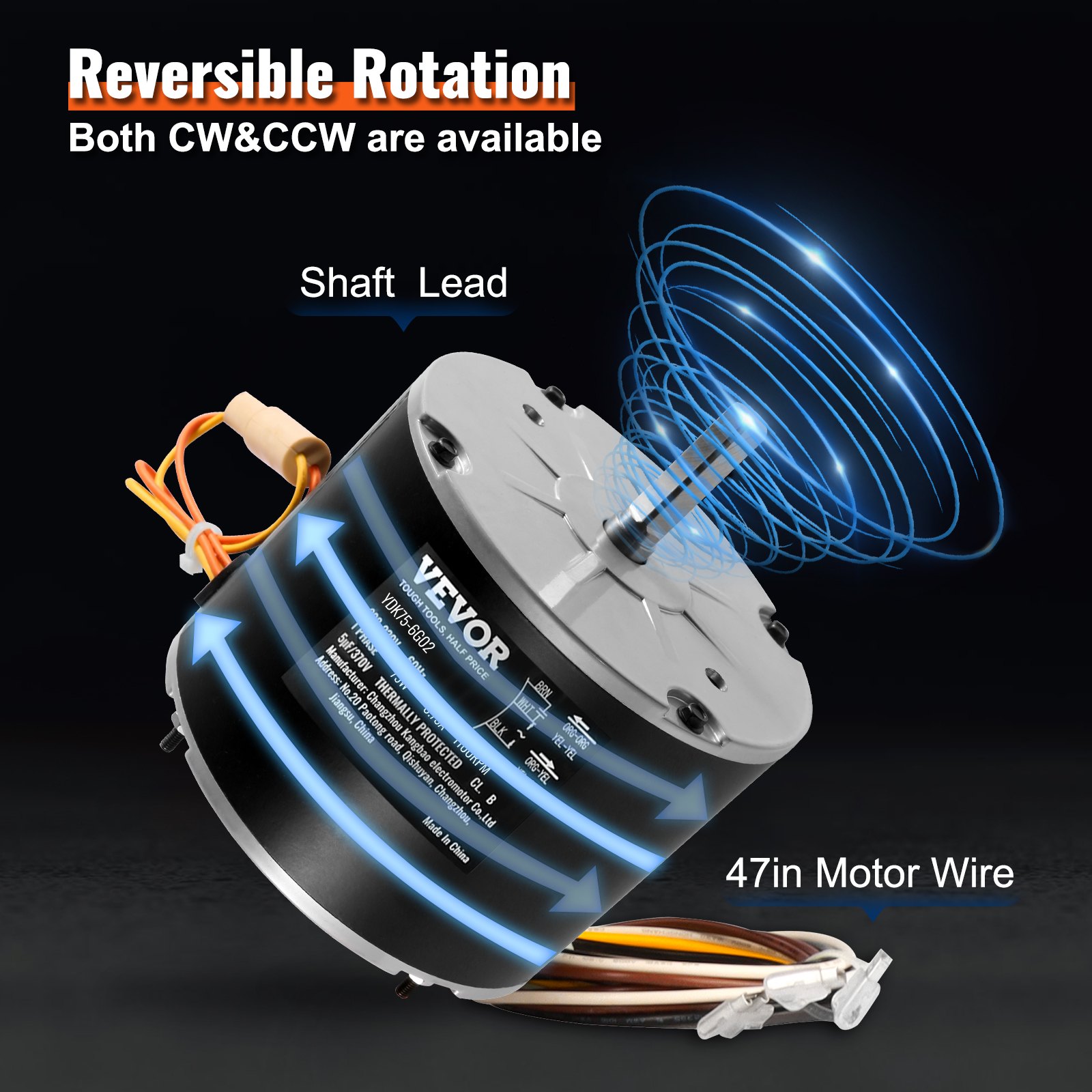 Motor de ventilador de condensador VEVOR 5KCP39BGS069S, 5KCP39BGY915S, 1/10 HP 208-230V, 1100RPM, motor de condensador de repuesto estándar OEM actualizado giratorio reversible, a prueba de explosiones CBB65 5μF/370V condensador