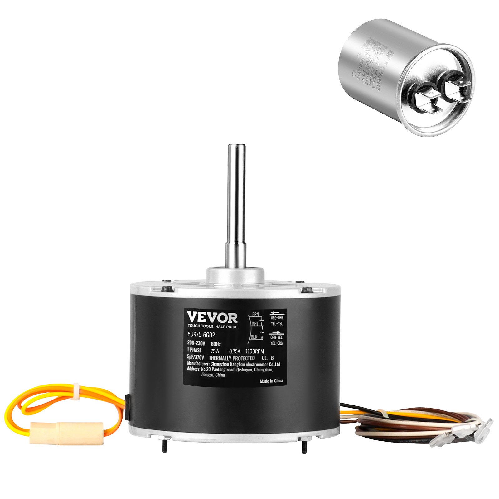 Motor de ventilador de condensador VEVOR 5KCP39BGS069S, 5KCP39BGY915S, 1/10 HP 208-230V, 1100RPM, motor de condensador de repuesto estándar OEM actualizado giratorio reversible, a prueba de explosiones CBB65 5μF/370V condensador