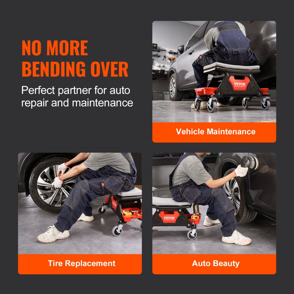 Taburete de mecánico VEVOR con ruedas de 136 kg y capacidad para 136 kg, con tres bandejas deslizables para herramientas y cajón, resistente y con ruedas para el hogar, garaje, bricolaje y automoción.