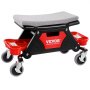 Taburete de mecánico VEVOR con asiento acolchado, bandeja de herramientas roja y ruedas giratorias para movilidad.
