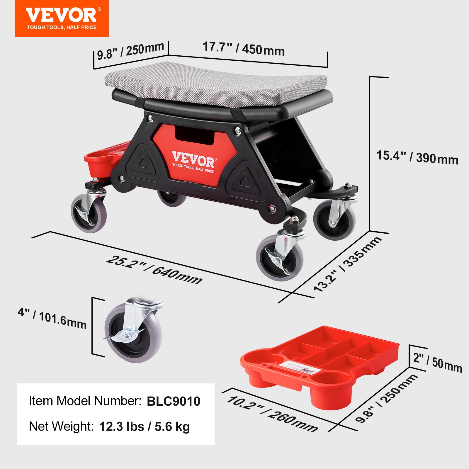 Taburete de mecánico VEVOR con asiento acolchado, ruedas de 4&quot;, bandeja para herramientas y medidas en pulgadas y mm.