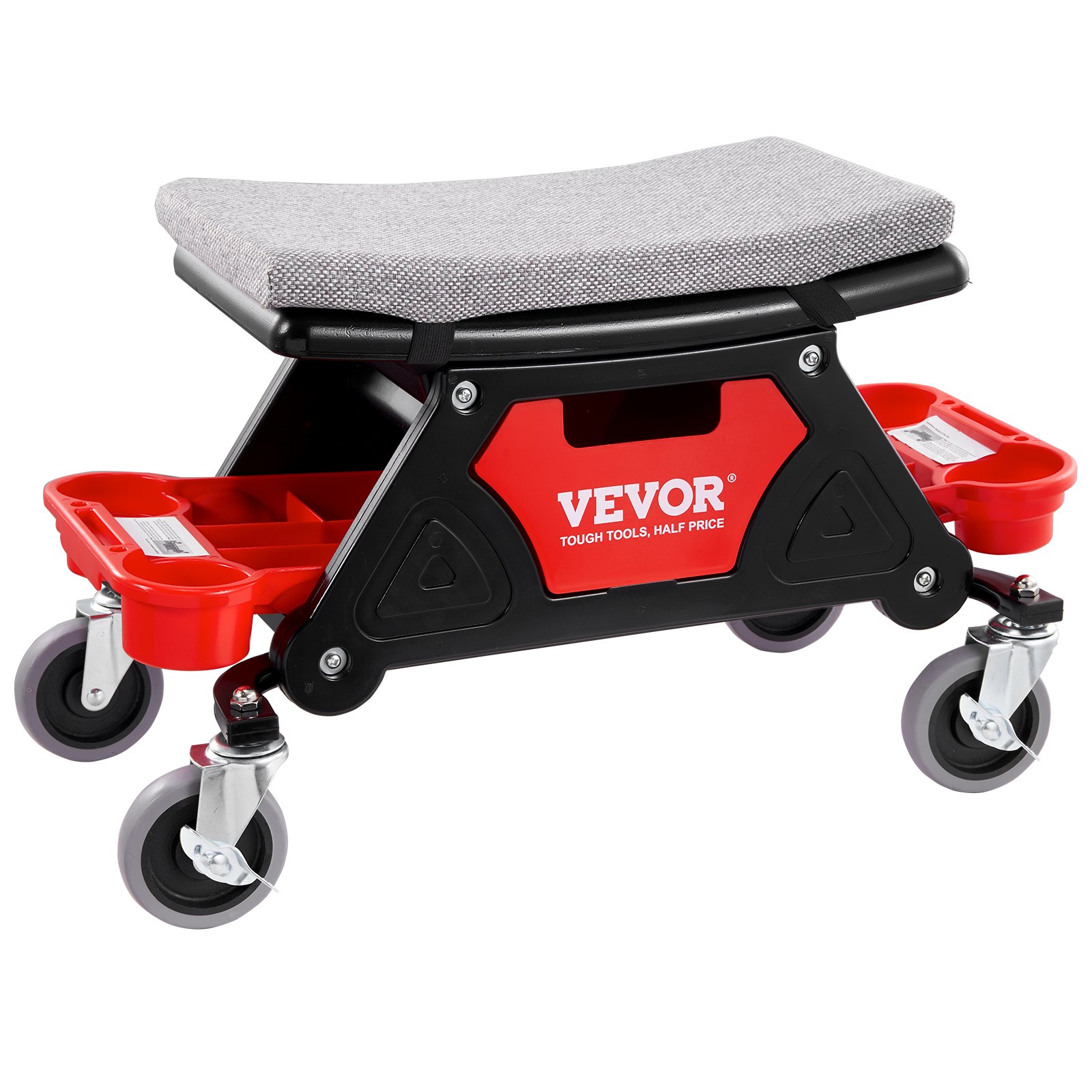 Taburete de mecánico VEVOR con asiento acolchado, bandeja de herramientas roja y ruedas giratorias para movilidad.
