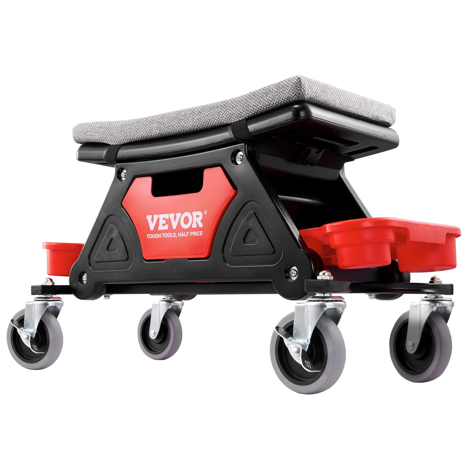 Taburete mecánico VEVOR con asiento acolchado, marco resistente de color negro y rojo y ruedas giratorias duraderas.