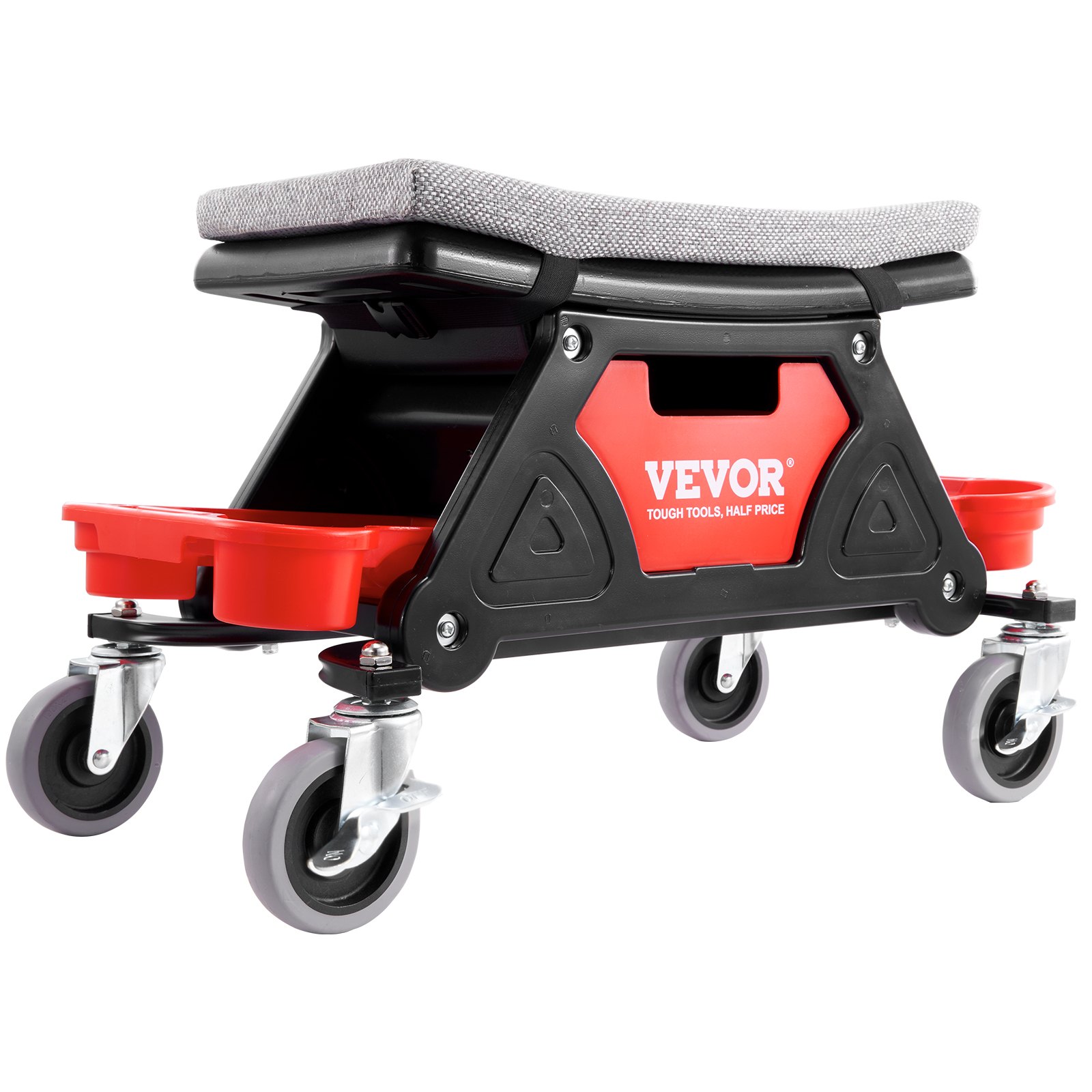 Taburete de mecánico VEVOR con asiento acolchado, bandejas para herramientas rojas y ruedas giratorias.