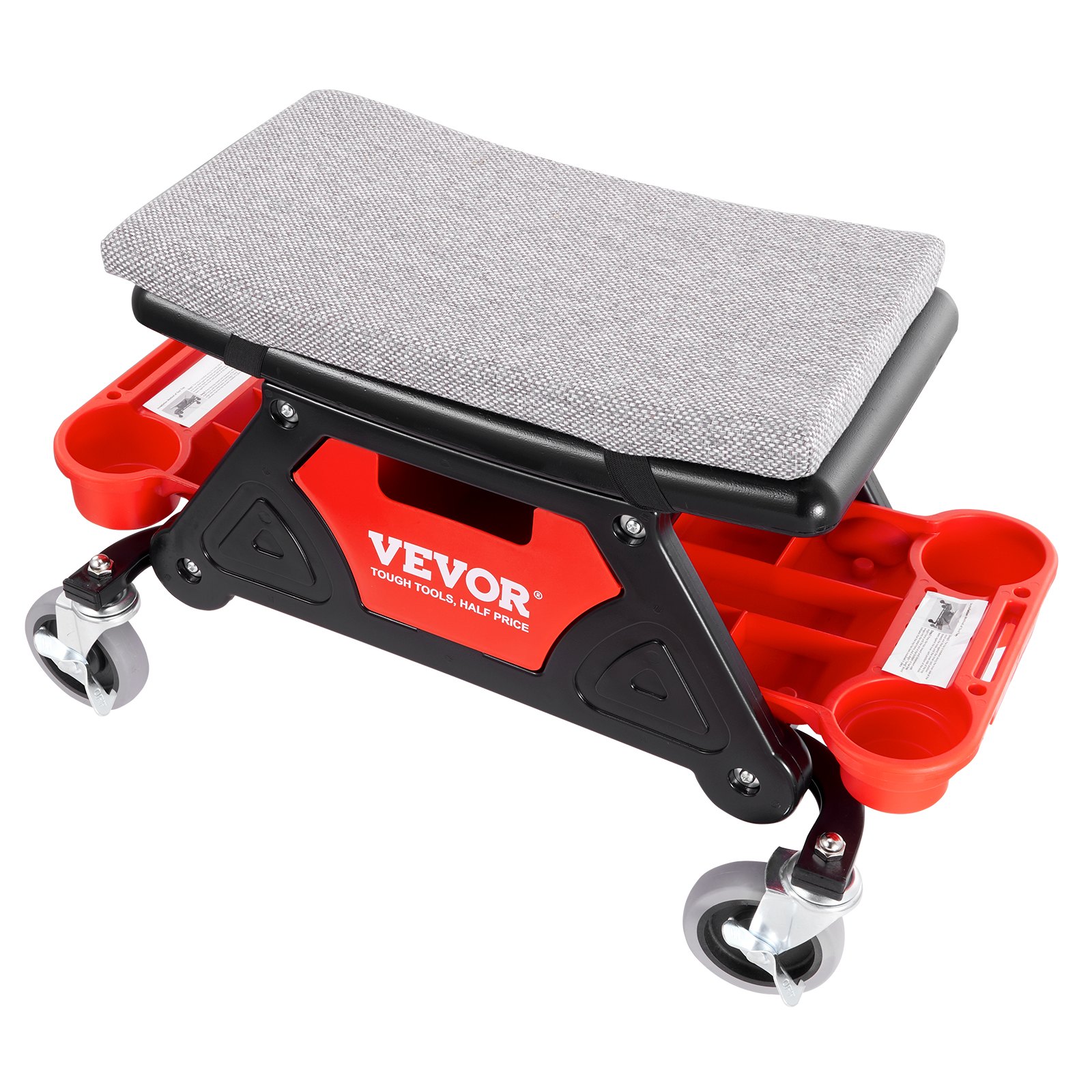 Taburete de mecánico VEVOR con asiento acolchado, bandeja de herramientas roja y negra y ruedas giratorias.