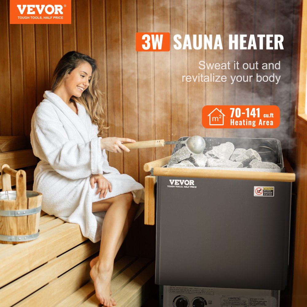 Calentador de sauna VEVOR, estufa eléctrica de 3 kW y 220 V, con controles integrados, temporizador de 3 h y temperatura ajustable para un máximo de 70-141 pies cúbicos, ideal para duchas de spa, hoteles y hogares.