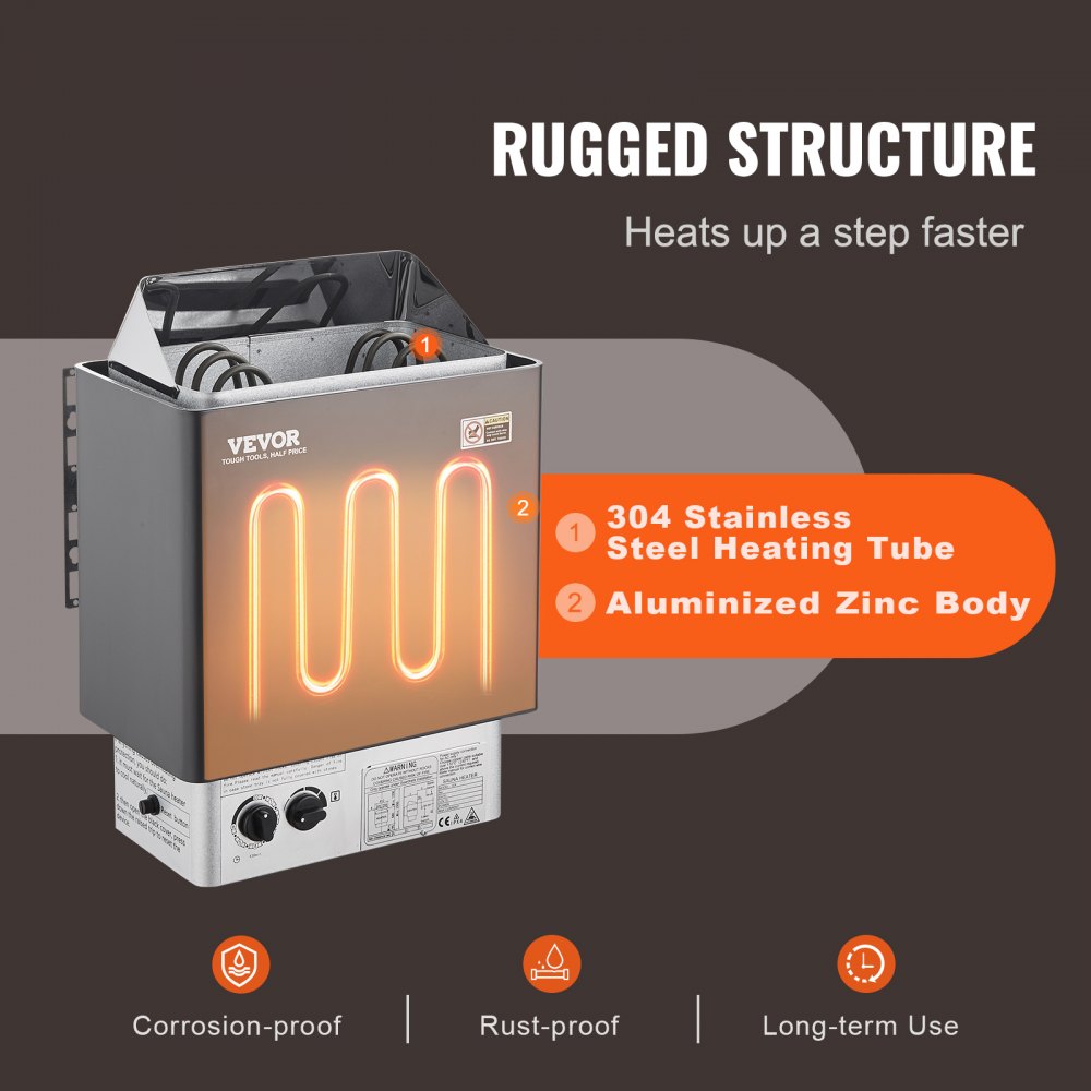 Calentador de sauna VEVOR, estufa eléctrica de 3 kW y 220 V, con controles integrados, temporizador de 3 h y temperatura ajustable para un máximo de 70-141 pies cúbicos, ideal para duchas de spa, hoteles y hogares.