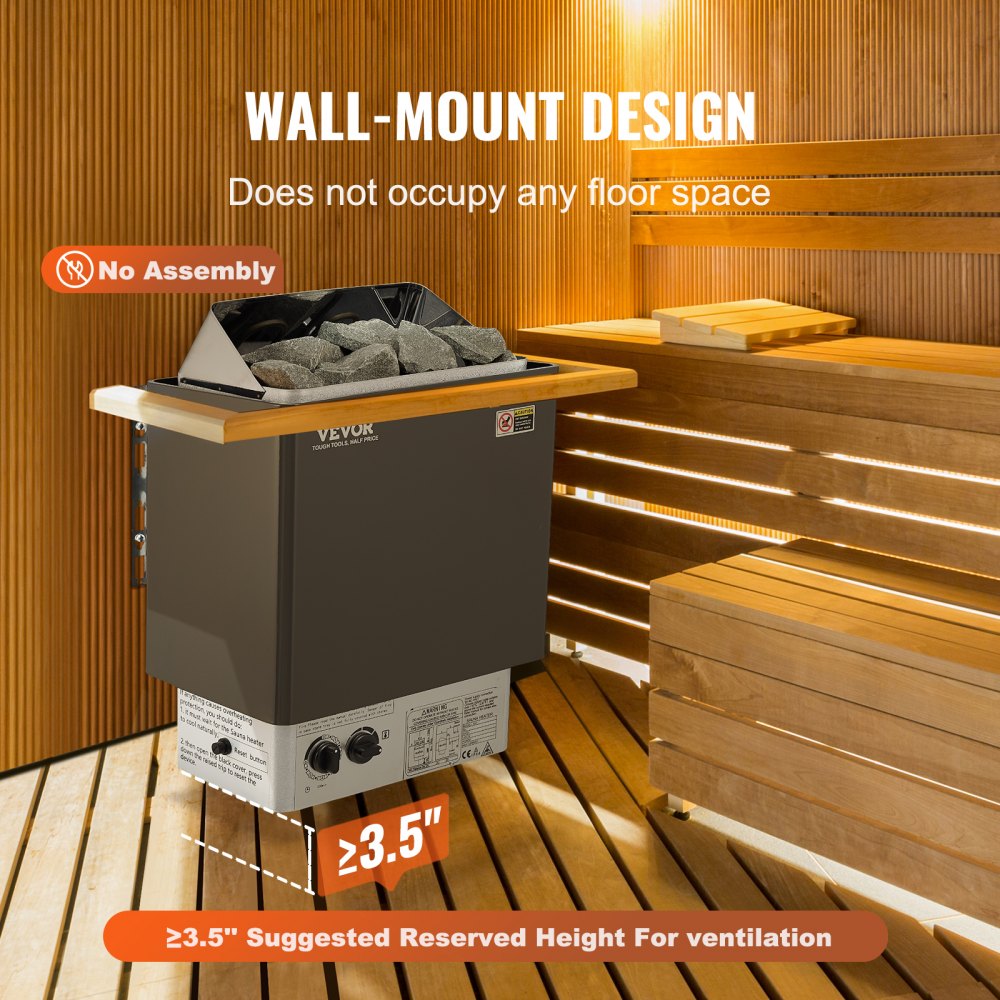 Calentador de sauna VEVOR, estufa eléctrica de 3 kW y 220 V, con controles integrados, temporizador de 3 h y temperatura ajustable para un máximo de 70-141 pies cúbicos, ideal para duchas de spa, hoteles y hogares.