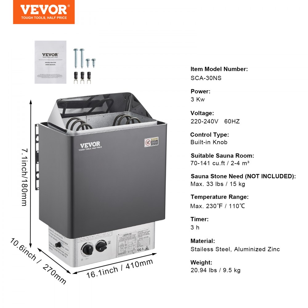 Calentador de sauna VEVOR, estufa eléctrica de 3 kW y 220 V, con controles integrados, temporizador de 3 h y temperatura ajustable para un máximo de 70-141 pies cúbicos, ideal para duchas de spa, hoteles y hogares.