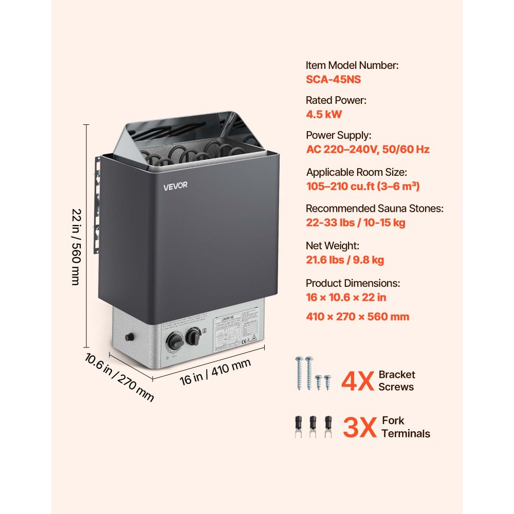 Calentador de sauna VEVOR, estufa eléctrica de 4,5 kW y 220 V, con controles integrados, temporizador de 3 h y temperatura ajustable para un máximo de 105-210 pies cúbicos, ideal para duchas de spa, hoteles y hogares.