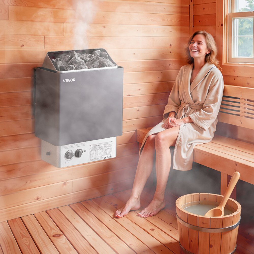 Calentador de sauna VEVOR, estufa eléctrica de 4,5 kW y 220 V, con controles integrados, temporizador de 3 h y temperatura ajustable para un máximo de 105-210 pies cúbicos, ideal para duchas de spa, hoteles y hogares.