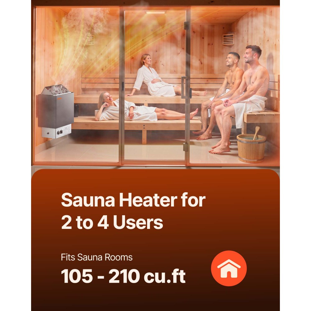 VEVOR Sauna Heater, 4.5KW 220V Electric Sauna Stove, Steam Bath Sauna Heater with Built-In Controls, 3h Timer and Adjustable Temp for Max. 105-210 Cubic Feet, Home Hotel Spa Shower Use