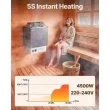 VEVOR Calentador de sauna, estufa de sauna eléctrica de 4,5 KW 220 V, calentador de sauna de baño de vapor con controles integrados, temporizador de 3 horas y temperatura ajustable para máx. 105-210 pies cúbicos, uso de ducha de spa en hotel en casa, certificación FCC