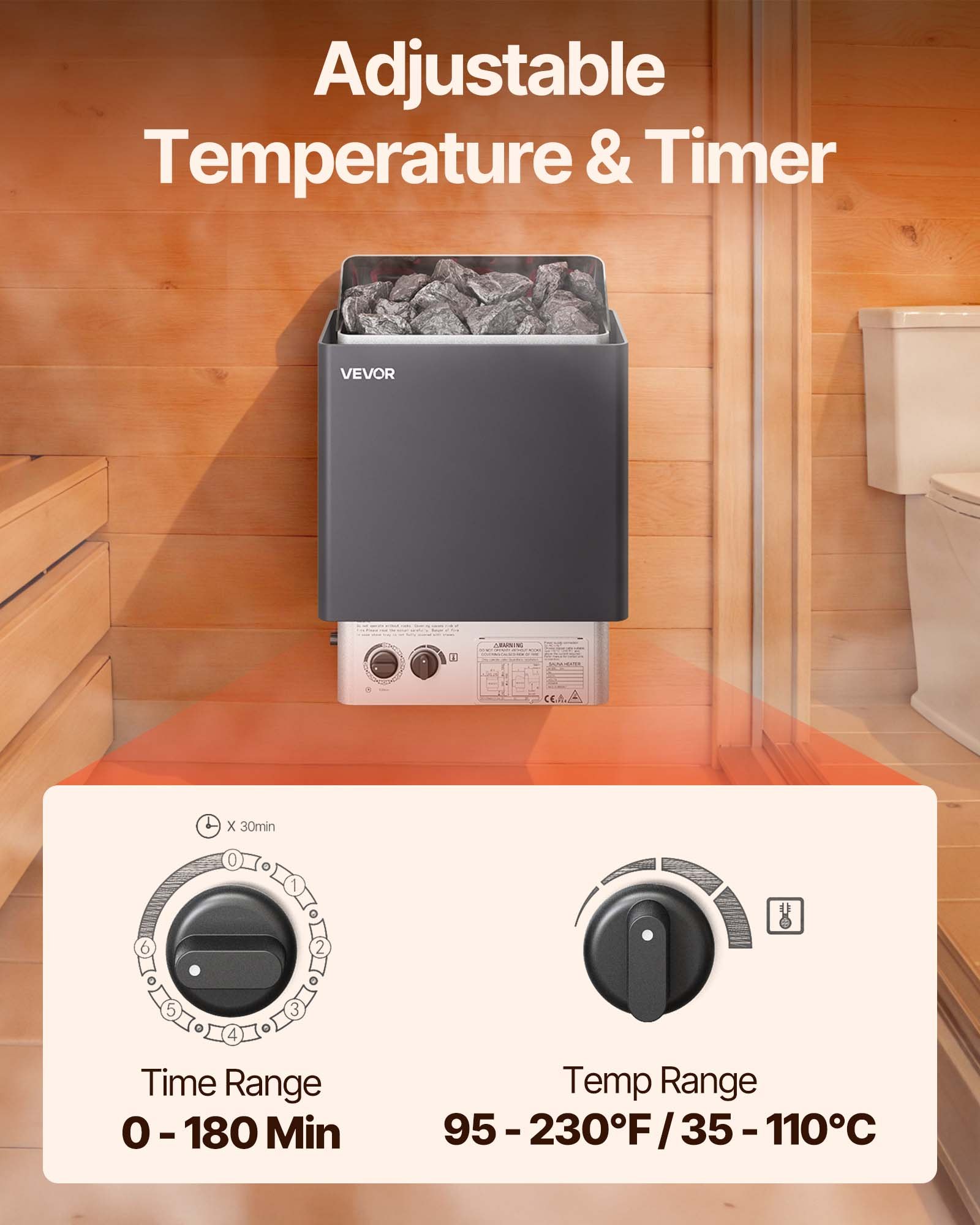Calentador de sauna VEVOR, estufa eléctrica de 4,5 kW y 220 V, con controles integrados, temporizador de 3 h y temperatura ajustable para un máximo de 105-210 pies cúbicos, ideal para duchas de spa, hoteles y hogares.