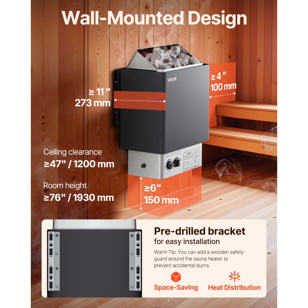 Calentador de sauna VEVOR, estufa eléctrica de 6 kW y 220 V, con controles integrados, temporizador de 3 h y temperatura ajustable para un máximo de 176-318 pies cúbicos, ideal para duchas de spa, hoteles y hogares.