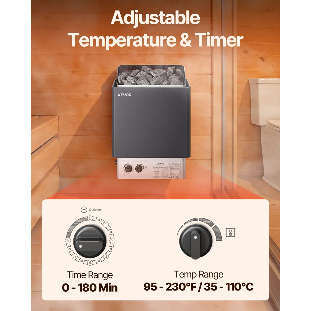 Calentador de sauna VEVOR, estufa eléctrica de 6 kW y 220 V, con controles integrados, temporizador de 3 h y temperatura ajustable para un máximo de 176-318 pies cúbicos, ideal para duchas de spa, hoteles y hogares.