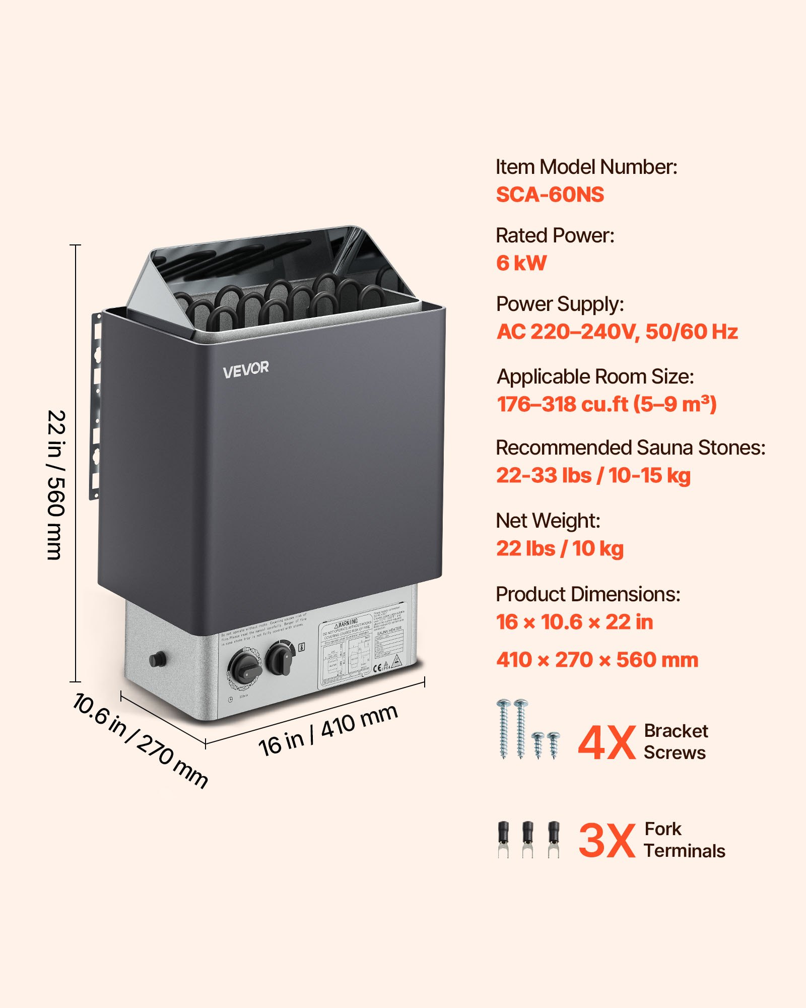 Calentador de sauna VEVOR, estufa eléctrica de 6 kW y 220 V, con controles integrados, temporizador de 3 h y temperatura ajustable para un máximo de 176-318 pies cúbicos, ideal para duchas de spa, hoteles y hogares.