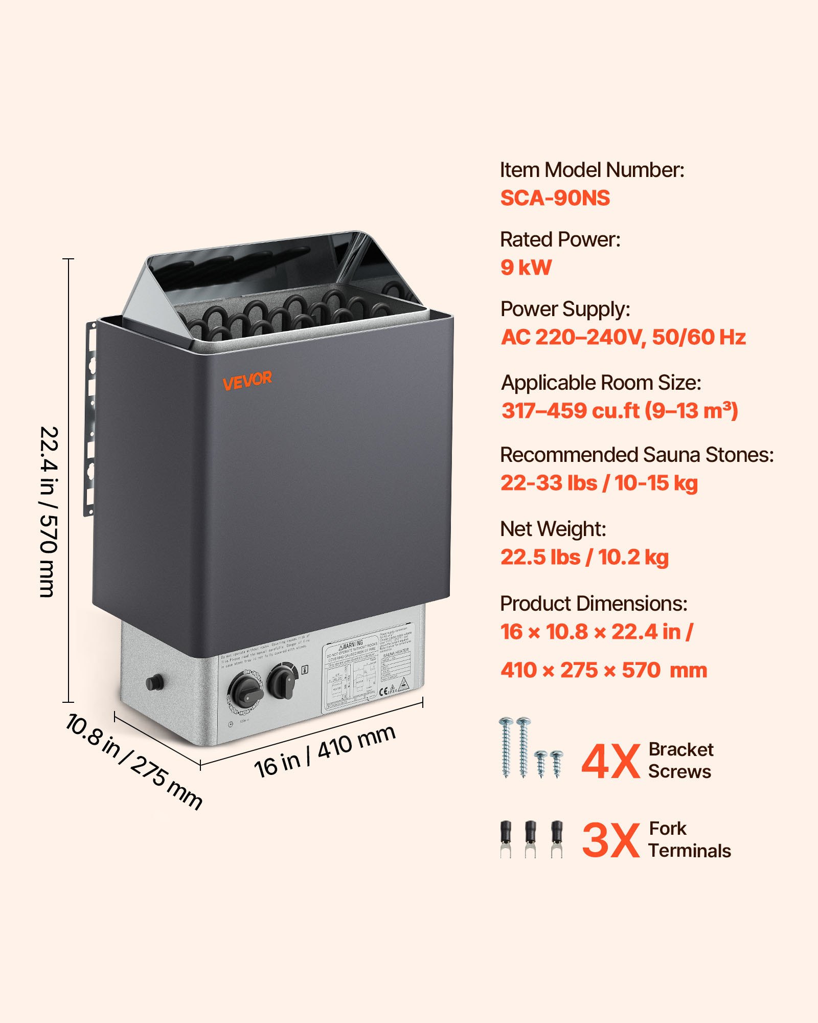 Calentador de sauna VEVOR de 9 kW, con controles integrados, estufa eléctrica, temporizador de 3 h y temperatura ajustable para un máximo de 317-459 pies cúbicos, ideal para duchas de spa, hoteles y hogares, 220 V