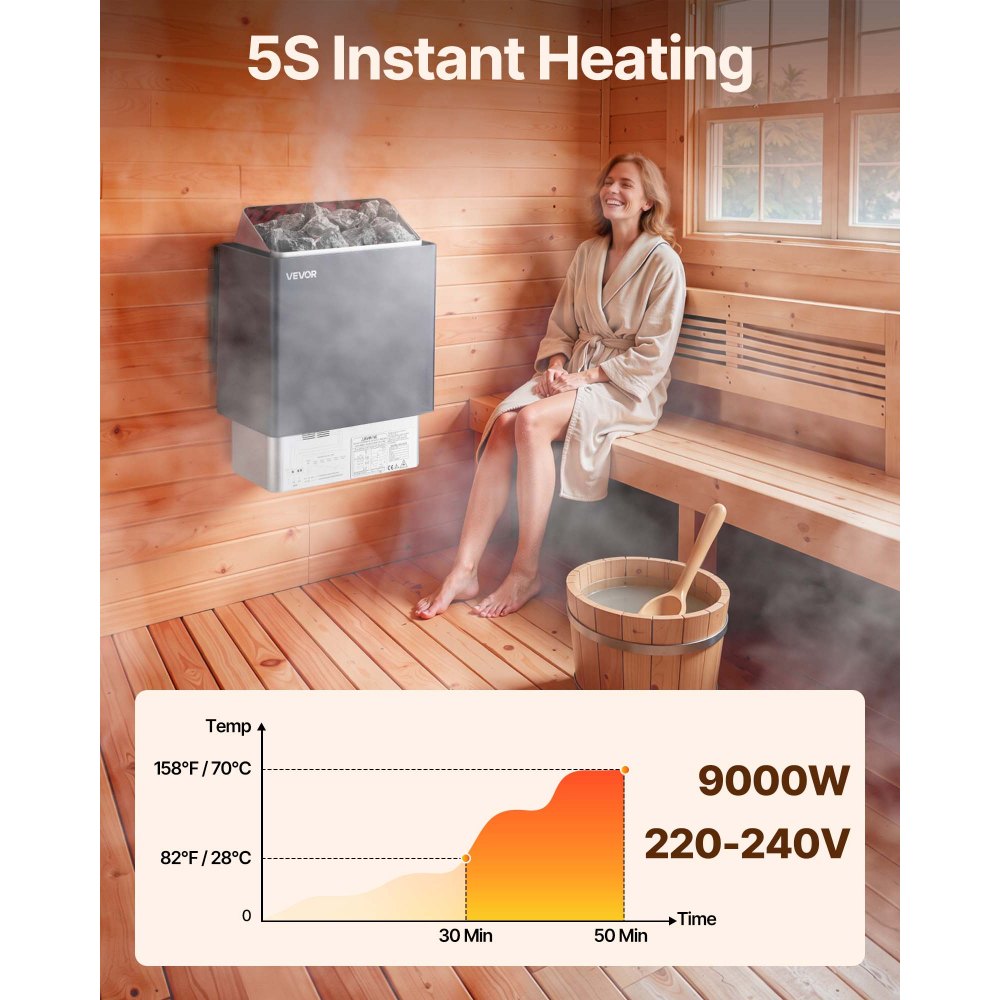 Calentador de sauna VEVOR, estufa eléctrica de 9 kW y 220 V, con controlador digital externo, temporizador de 3 h y temperatura ajustable para un máximo de 317-459 pies cúbicos, ideal para duchas de spa, hoteles y hogares.