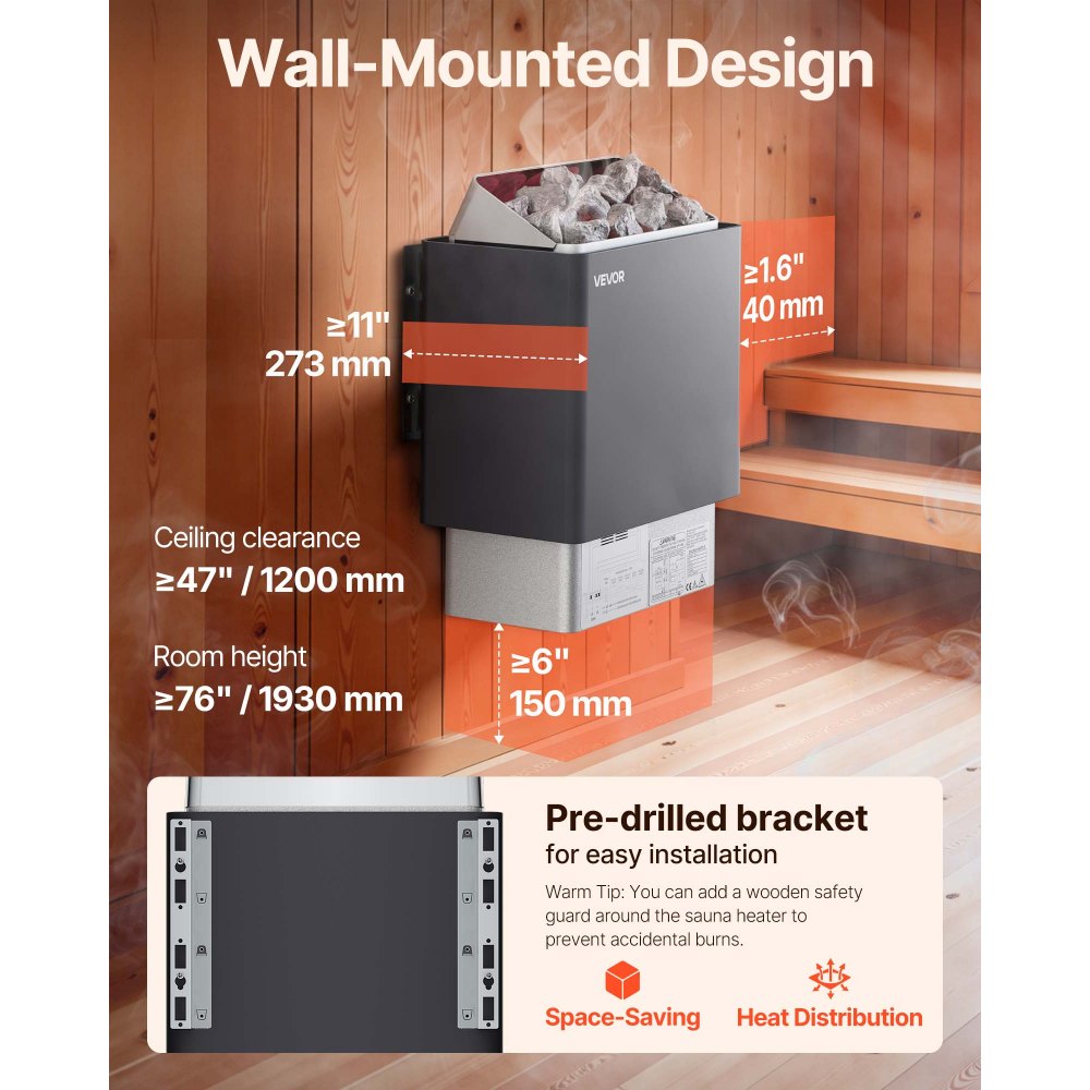 Calentador de sauna VEVOR, estufa eléctrica de 9 kW y 220 V, con controlador digital externo, temporizador de 3 h y temperatura ajustable para un máximo de 317-459 pies cúbicos, ideal para duchas de spa, hoteles y hogares.