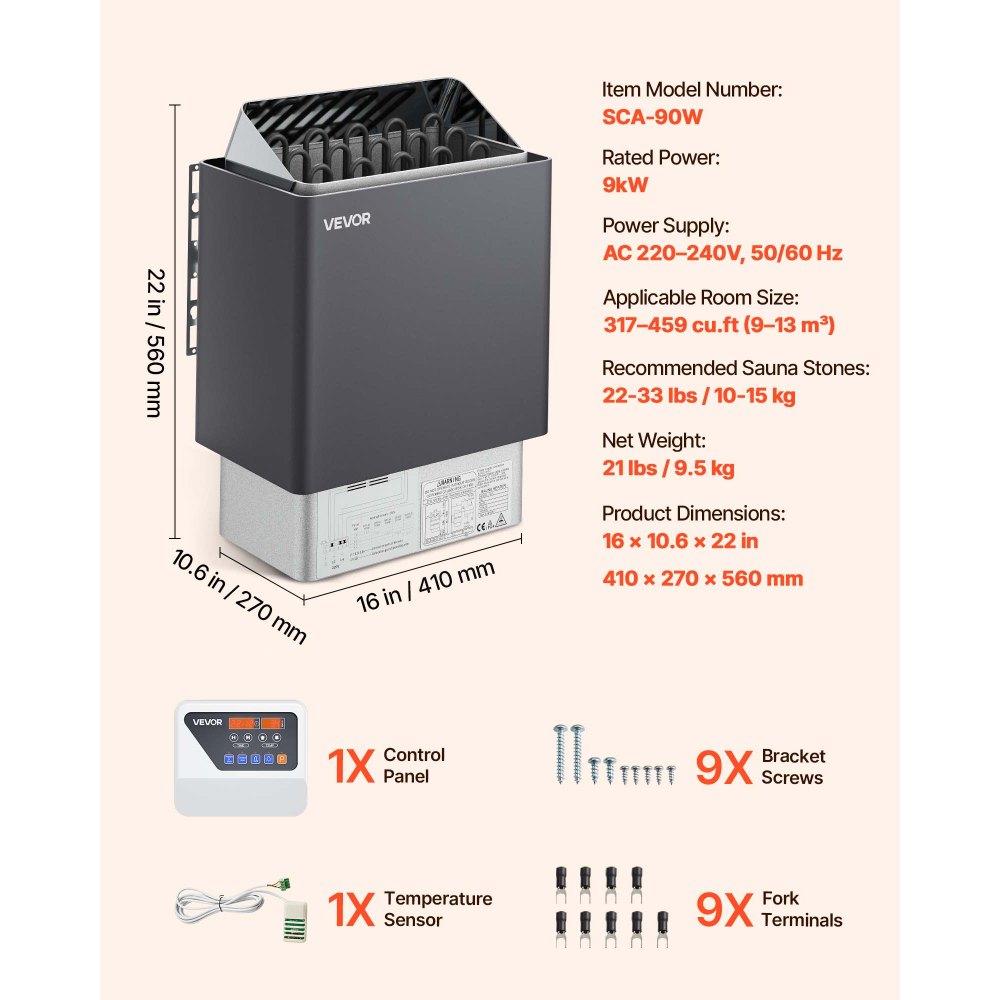 Calentador de sauna VEVOR, estufa eléctrica de 9 kW y 220 V, con controlador digital externo, temporizador de 3 h y temperatura ajustable para un máximo de 317-459 pies cúbicos, ideal para duchas de spa, hoteles y hogares.