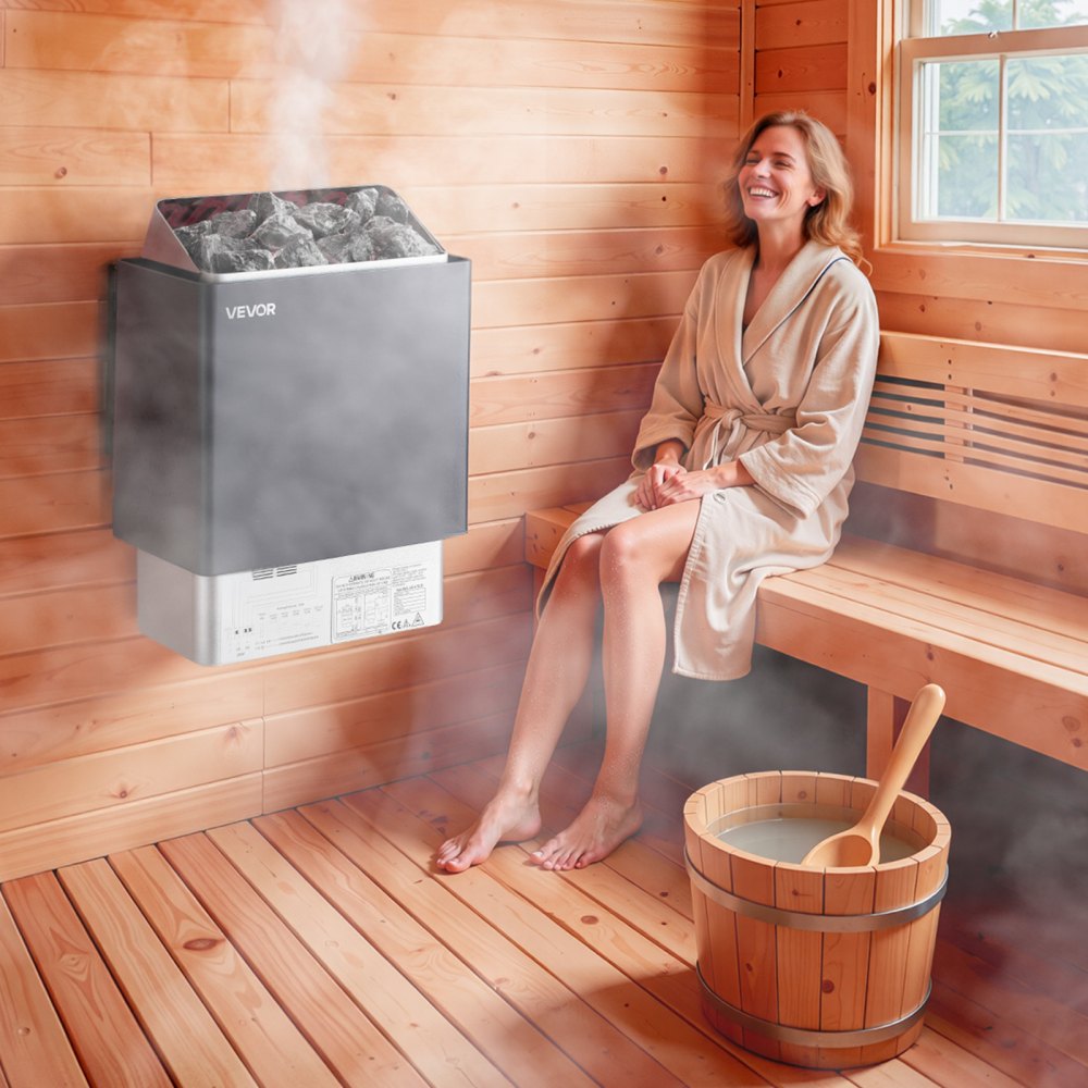Calentador de sauna VEVOR, estufa eléctrica de 9 kW y 220 V, con controlador digital externo, temporizador de 3 h y temperatura ajustable para un máximo de 317-459 pies cúbicos, ideal para duchas de spa, hoteles y hogares.