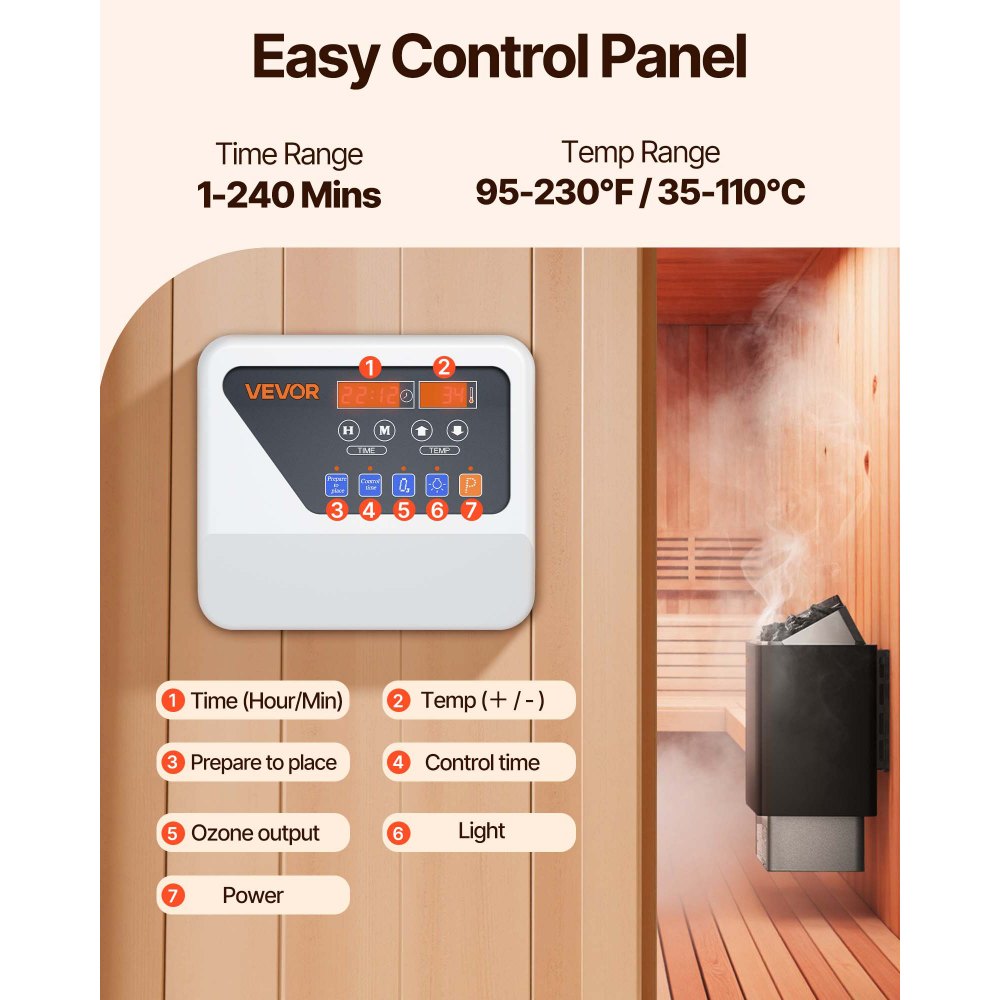 Calentador de sauna VEVOR, estufa eléctrica de 9 kW y 220 V, con controlador digital externo, temporizador de 3 h y temperatura ajustable para un máximo de 317-459 pies cúbicos, ideal para duchas de spa, hoteles y hogares.