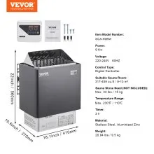 VEVOR Calentador de Sauna, Estufa de Sauna Eléctrica de 9KW 220V, Calentador de Sauna de Baño de Vapor con Controlador Digital Externo, Temporizador de 3h y Temperatura Ajustable para Máx. 317-459 pies cúbicos, uso de ducha de spa en hoteles en casa, certificación FCC