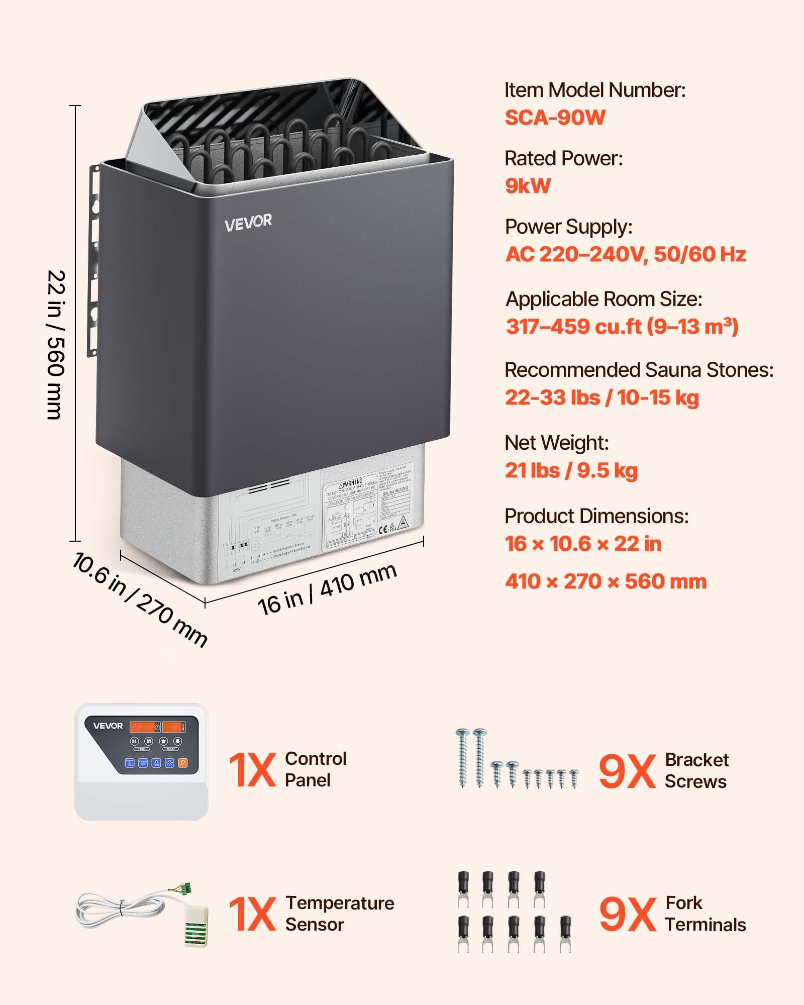Calentador de sauna VEVOR, estufa eléctrica de 9 kW y 220 V, con controlador digital externo, temporizador de 3 h y temperatura ajustable para un máximo de 317-459 pies cúbicos, ideal para duchas de spa, hoteles y hogares.