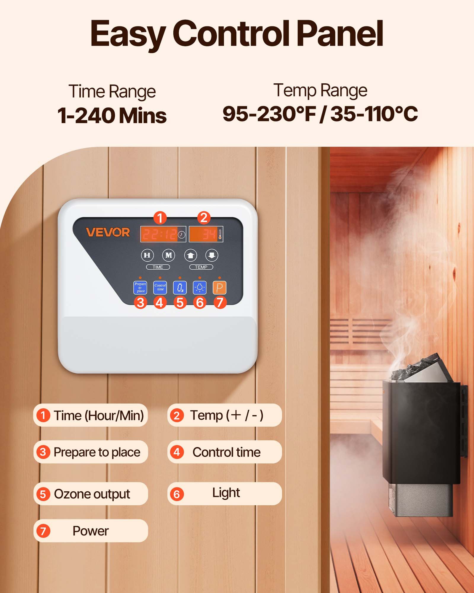 Calentador de sauna VEVOR, estufa eléctrica de 9 kW y 220 V, con controlador digital externo, temporizador de 3 h y temperatura ajustable para un máximo de 317-459 pies cúbicos, ideal para duchas de spa, hoteles y hogares.