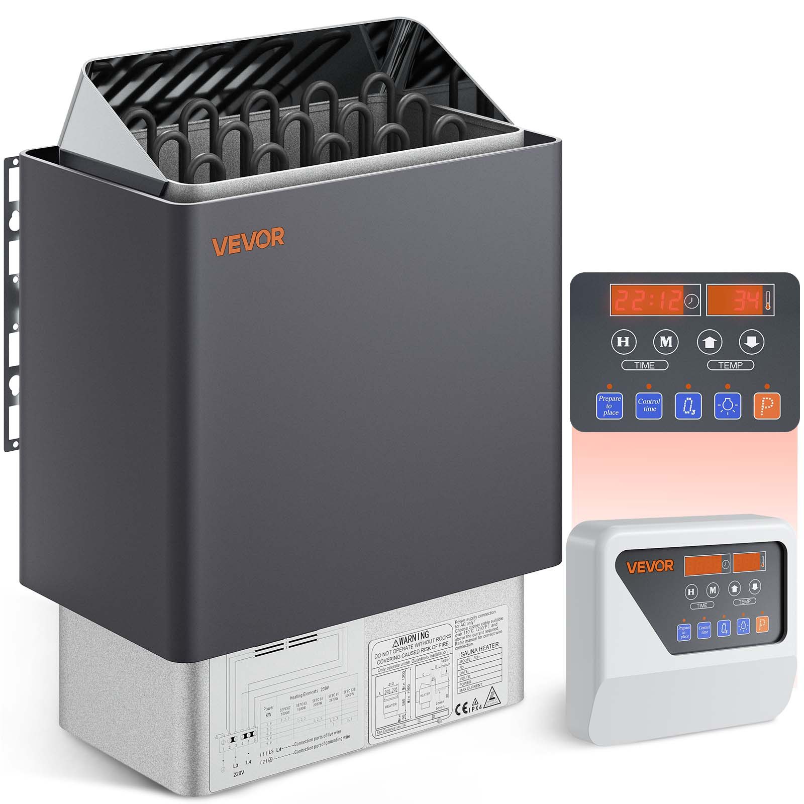 Calentador de sauna VEVOR, estufa eléctrica de 9 kW y 220 V, con controlador digital externo, temporizador de 3 h y temperatura ajustable para un máximo de 317-459 pies cúbicos, ideal para duchas de spa, hoteles y hogares.