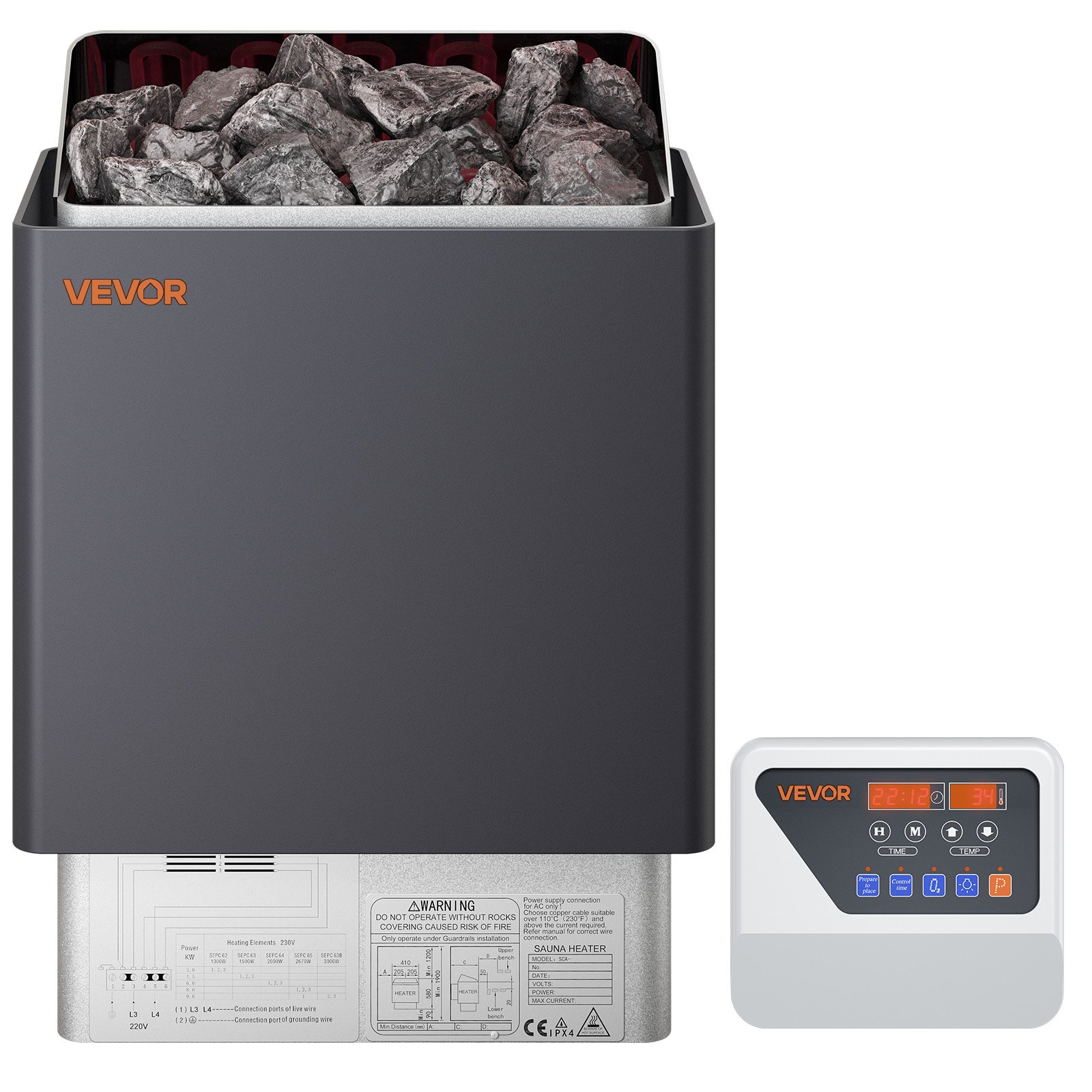 Calentador de sauna VEVOR, estufa eléctrica de 9 kW y 220 V, con controlador digital externo, temporizador de 3 h y temperatura ajustable para un máximo de 317-459 pies cúbicos, ideal para duchas de spa, hoteles y hogares.
